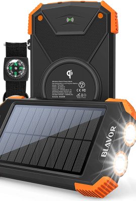 Solar Power Bank, Qi Portable Charger 10,000mAh External Battery Pack Type C Input Port Dual Flashlight, Compass, Solar Panel Charging (Orange) | SantaBILT®